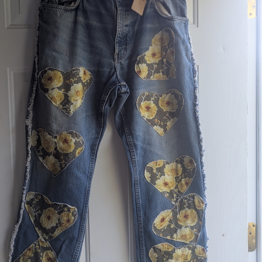 Floral Heart Patch Boot Cut Jeans